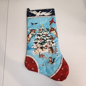 Vintage Woodland Winter Christmas Fabric Lisa McCue Stocking Kitsch Animals Blue